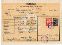 1958. YUGOSLAVIA,SERBIA,TITEL OVERPRINT MUNICIPALITY REVENUE STAMPS,BIRTH CERTIFICATE - Covers & Documents