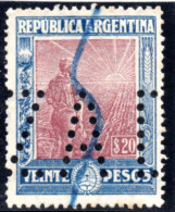 ARGENTINA 1912 - The Scarce 20 Pesos Labrador With Vertical Honeycombs Watermark, Punched - Used Stamps