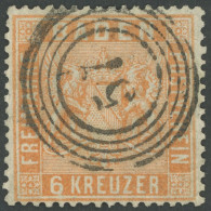 BADEN 11b O, 1861, 6 Kr. Gelb, Nummernstempel 57, Pracht, Mi. 120.- - Usati