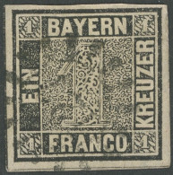 BAYERN 1Ia O, 1849, 1 Kr. Schwarz, Platte 1, Mühlradstempel 127, Minimale Knitterspuren Sonst Vollrandig, Pracht, Mehrfa - Usati