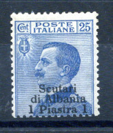 1909-11 LEVANTE Scutari D'Albania N.4 1pi. Su 25 Centesimi Azzurro * - Europa- Und Asienämter