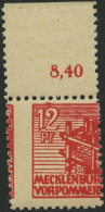 MECKLENBURG-VORPOMMERN 36zf , 1946, 12 Pf. Dunkelrosa, Dünnes Papier, Oberrandstück, Dezentriert, Pracht, Gepr. Kramp, M - Autres & Non Classés