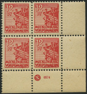 MECKLENBURG-VORPOMMERN 36zzDZ , 1946, 12 Pf. Rot, Dünnes Papier, Diagonal Genetzte Gummmierung, Mit Druckereizeichen Im  - Autres & Non Classés