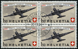 SCHWEIZ BUNDESPOST 438 VB O, 1944, 1.50 Fr. 25 Jahre Flugpost Im Zentrisch Gestempelten Viererblock, Pracht - Used Stamps