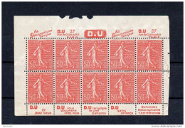 !!! 50 C SEMEUSE LIGNEE TIIB : BLOC DE 10 (1/2 INTERIEUR DE CARNET) AVEC PUBS DU NEUF ** - Unused Stamps