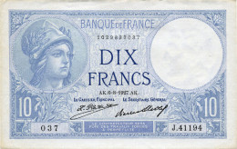 10 Francs Minerve, 6 Août 1927 - 10 F 1916-1942 ''Minerve''