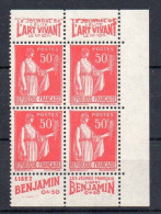 !!! 50 C PAIX TYPE I : BLOC DE 4 AVEC BANDES PUBS ART VIVANT - BENJAMIN NEUF ** - Unused Stamps
