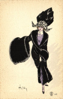 PC ARTIST SIGNED, HELLI, GLAMOUR LADY, BIG HAT, Vintage Postcard (b50240) - Helli