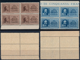 LUOGOTENENZA 1945 POSTA PNEUMATICA QUARTINA DANTE ALIGHIERI C. 60 / GALILEO GALILEI L. 1,40 - MNH SASSONE PN16 / PN17 - Ungebraucht