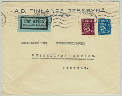 Finnland / Finland 1936, Luftpostbrief Helsinki - Rüschlikon (Schweiz), Rückseite Vignette Jeux Olympiques 1940 Finlande - Cartas & Documentos