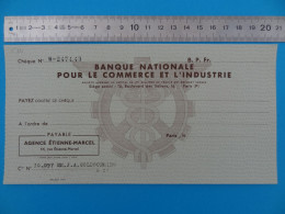 Chèque Neuf BANQUE NATIONALE POUR LE COMMERCE ET L'INDUSTRIE Paris Agence Etienne-Marcel Timbre 50c - Cheques En Traveller's Cheques