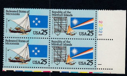 Sc#2506-2507, Micronesia & Marshall Islands, 25-cent 1990 Issue, Plate # Block Of 4 MNH US Postage Stamps - Plaatnummers