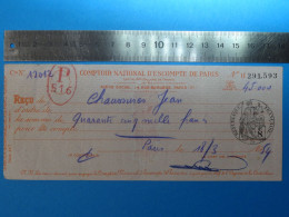 Reçu COMPTOIR NATIONAL D'ESCOMPTE DE PARIS Série 27/4 Imprimeur CHAIX à Paris Timbre Fiscal De 8F - Cheques En Traveller's Cheques