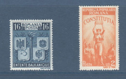 ROUMANIE, Yv 596 + 1023, Mi 615 + 1119, Entente Balkanique + Constitution, **, - Unused Stamps