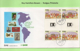 1992 Irish Immigrants In Gutter Blocks Of 4 With WORLD COLUMBIAN EXPO '92 Imprints On Official FDC.  Rare! - Lettres & Documents