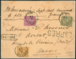 émission 1884 - Affranch. Tricolore N°46, 47 Et 50 Sur DEVANT De L. Assuré De Anvers (1893, Double Port) > Anvers - 1884-1891 Leopold II