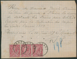 émission 1884 - N°46 En Bande De 3 Sur Reçu Manuscrit (tailleur De Pierre à Fleurus) Obl S.C. Ransart (1888) - 1884-1891 Leopold II