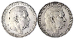 2 X Silbermedaille 1927 D, Auf Den 80. Geburtstag V. Paul V. Hindenburg, Deutschen Reiches Treuster Diener. 2 Wappen/Brb - Sonstige & Ohne Zuordnung