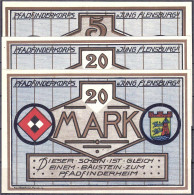 Pfadfinderkorps Jung Flensburg, 3 Scheine Zu 5 U. 2x 20 Mark O.D. Mit Druckfirma. I Bis I-, äußerst Selten. Lindman 353. - [11] Local Banknote Issues