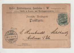 Ganzsache, Postkarte, Iserlohn I. W. Nach Colmar 1901 - Cartes Postales