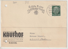 Ganzsache, Postkarte, Kaufhof In Kassel Nach Adorf Im Vogtland 1938 - Postcards