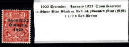 1922 - 1923 December - January Thom Saorstát In Shiny Blue Black Or Red Ink 1 1/2 D Red Brown Mounted Mint (MM) - Neufs