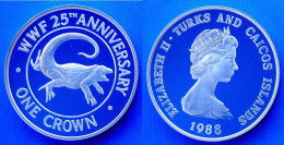 TURKS AND CAICOS ISLANDS 1 C 1988 ARGENTO PROOF WWF ANNIVERSARY IGUANA PESO 28,28g TITOLO 0,925 - Turks & Caicos (Îles)