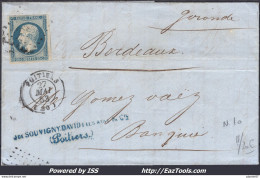 FRANCE PRESIDENCE 25c BLEU N°10 SUR LETTRE PC 2481 POITIERS + CAD DU 27/05/1853 - 1852 Louis-Napoléon