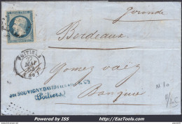 FRANCE PRESIDENCE 25c BLEU N°10 SUR LETTRE PC 2481 POITIERS + CAD DU 27/05/1853 - 1852 Luigi-Napoleone