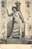 T2/T3 1908 Boldog Újévet! / New Year Greeting Card, Lady With Champagne, Clover And Horseshoe (EK) - Non Classificati