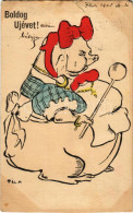 T3/T4 1905 Boldog újévet! Malac Asszonyság Fakanállal / New Year Greeting, Pig Woman With Wooden Spoon S: Pál H. (szakad - Unclassified