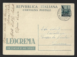 'Leocrema' Stationery Postcard. Circulated In 1953 From Atessa, Chieti, Italy To Pescara.Stamp Palatine Hill. Horse Carr - Apotheek