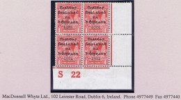 Ireland 1922 Dollard Rialtas 5-line Overprint In Black On 1d Red, Control S22 Imperf, Corner Block Of 4 Fresh Mint Hinge - Unused Stamps