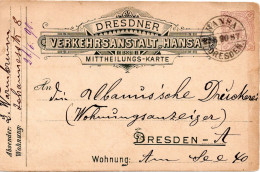 71740 - Deutsches Reich / Privatpost / Dresden - 1890 - 3Pfg GAKte HANSA DRESDEN - Postes Privées & Locales