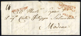 Cover 1844, Lettera Da Mantova 29.9.1844 Affrancata Fino Al Confine Per Modena, Tassa "6" Kr. Sul Verso, Annulli In Ross - Lombardo-Veneto