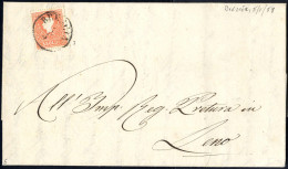 Cover "BRESCIA 5 / 5", Annullo C1 Su 5 Soldi Rosso, Primo Tipo, Su Lettera Per Leno (Sass. 25 - 5P.) - Lombardo-Venetien