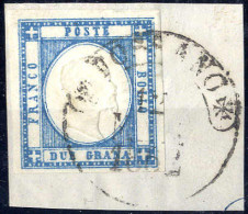 Piece 1861, Provincie Napoletane, 2 Gr. Azzurro Chiaro Con Varietà "ritocco Delle Linee Di Fondo", Usato Su Frammento Da - Naples