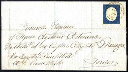 Cover 1854, 20 Cent. Azzurro, Ben Marginato, Su Lettera Da Alessandria 8.9.1855 Per Torino (Sass. 8) - Sardegna