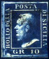 O 1859, 10 Grana Azzurro Cupo, Tre Ampi Margini, Toccato A Destra, Leggero Annullo (Sass. 12, E 900). - Sicilia