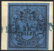 O/piece 1852, 1/30 Th / 2 2/5 Gr / 1 Sgr Schwarz Auf Ultramarin, Type I Gestempelt Auf Briefstück, Mi. 2 I - Oldenburg