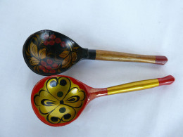 Vintage Khokhloma Wooden Spoons Hand Painted In Russia Russian Art #2191 - Lepels