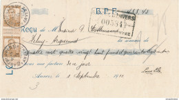 794/30 --  RECU TP Pellens 35 C X2 ANTWERPEN 1913 Vers FELUY ARQUENNES - PERFORES B.A. Banque D' Anvers - 1909-34