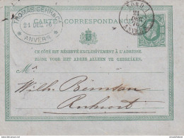 DDX 656 --  Entier Postal AMBULANT NORD I ANVERS 1876 Vers RUHRORT Allemagne - Ambulantes