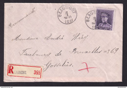 DDY 890 -- Courrier RECOMMANDE - Enveloppe TP Képi BEAUMONT 1937 Vers GOSSELIES - Origine THIRIMONT - 1931-1934 Mütze (Képi)