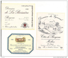 Etiquettes Domaine Boissière BERGERAC Et Domaine Vigneaud 2002 Et Château Malvielle-Fontenille 1998 Côtes De Bergerac  - - Bergerac