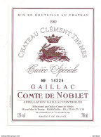 Etiquette  Château  Clément Termes - Comte De Noblet - Gaillac - 1989 - Numérotée - - Gaillac
