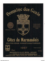 Etiquette  Domaine Des Geais - Côtes Du Marmandais - 1987 - P&C.Boissonneau - Argent Concours Agricole 1988 - - Gaillac