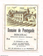 Etiquette Décollée Bergerac Domaine De Prentygarde - 1988 - G.Geneste à Vélines - - Bergerac