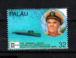 Palau - 1996. E. Beach E Sottomarino Atomico Giro Del Mondo. Skippered Underwater Around The Wuorld In Submarine. MNH - Duikboten