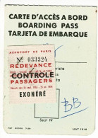 Carte D'accès à Bord - Aéroport De Paris - Redevance Contrope Passagers, Classe Touriste "Exonéré" Sans Date - Boarding Passes